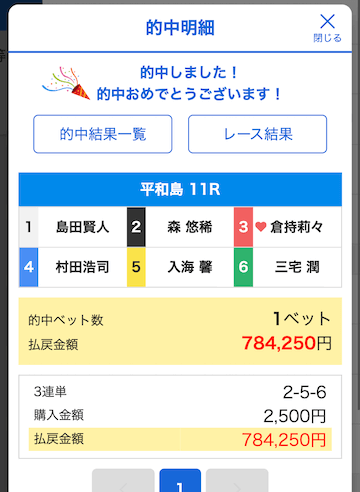 平和島競艇11R的中　2025年1月21日